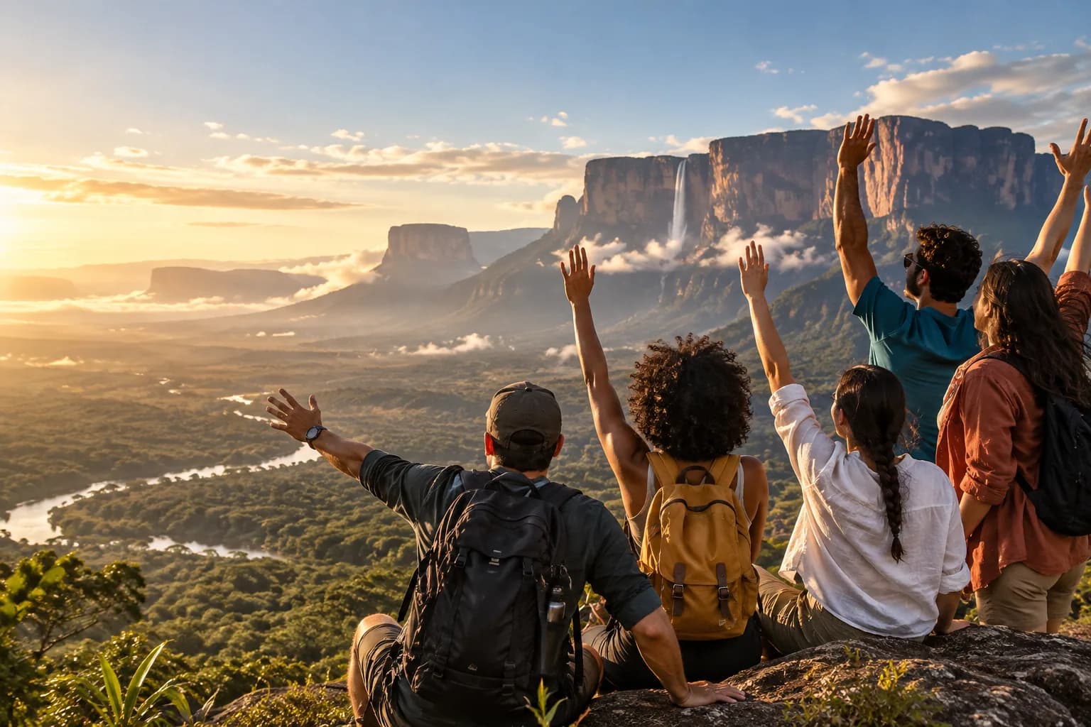 Grupo de amigos frente a un tepuy al atardecer