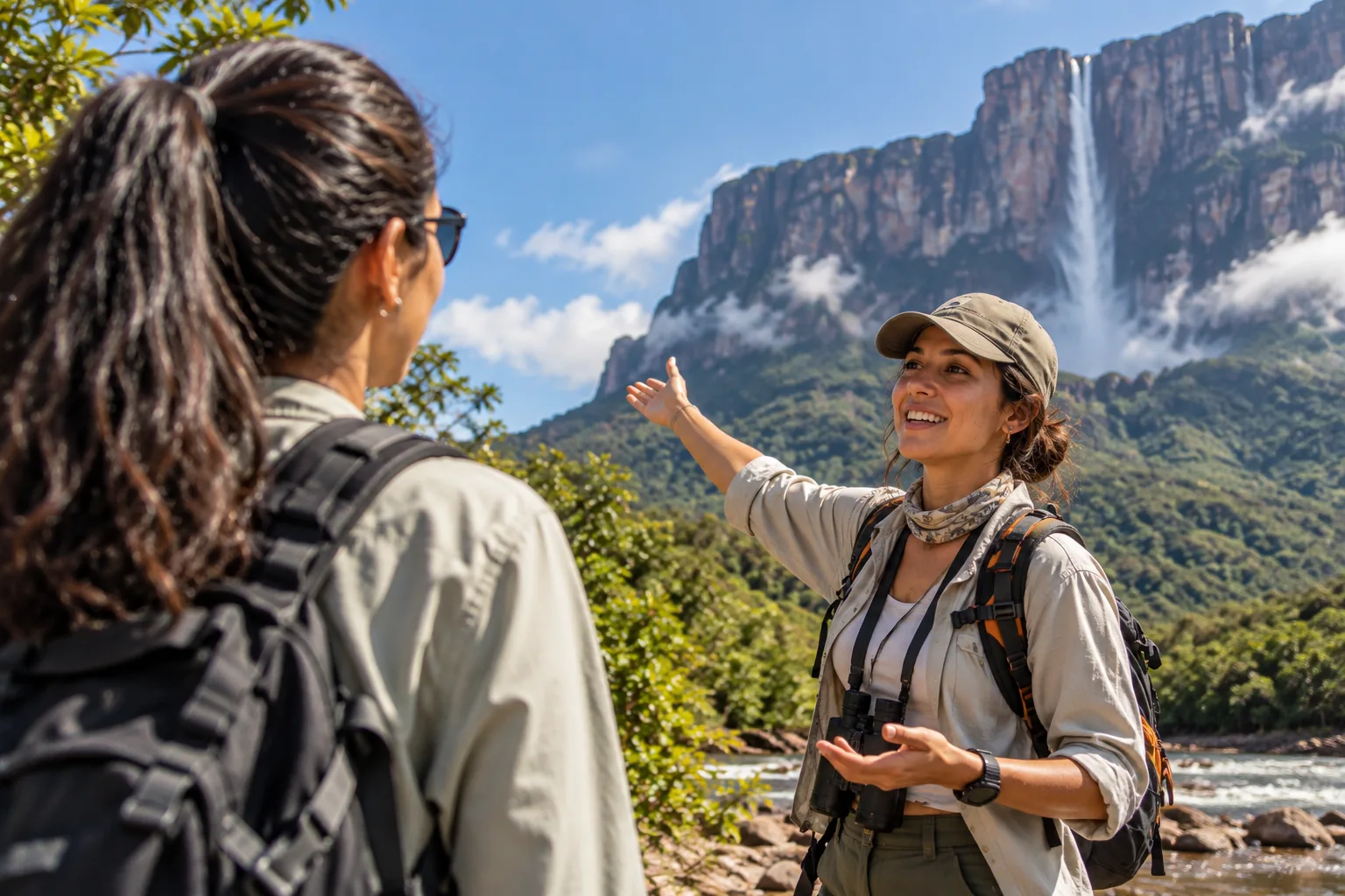 Guía turística mostrando el paisaje a una viajera